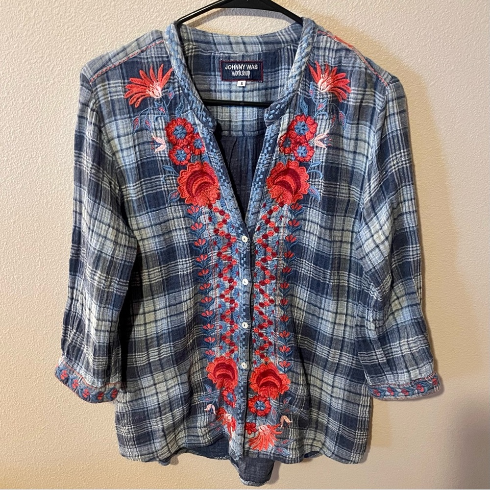Johnny Was Embroidered Plaid Shirt